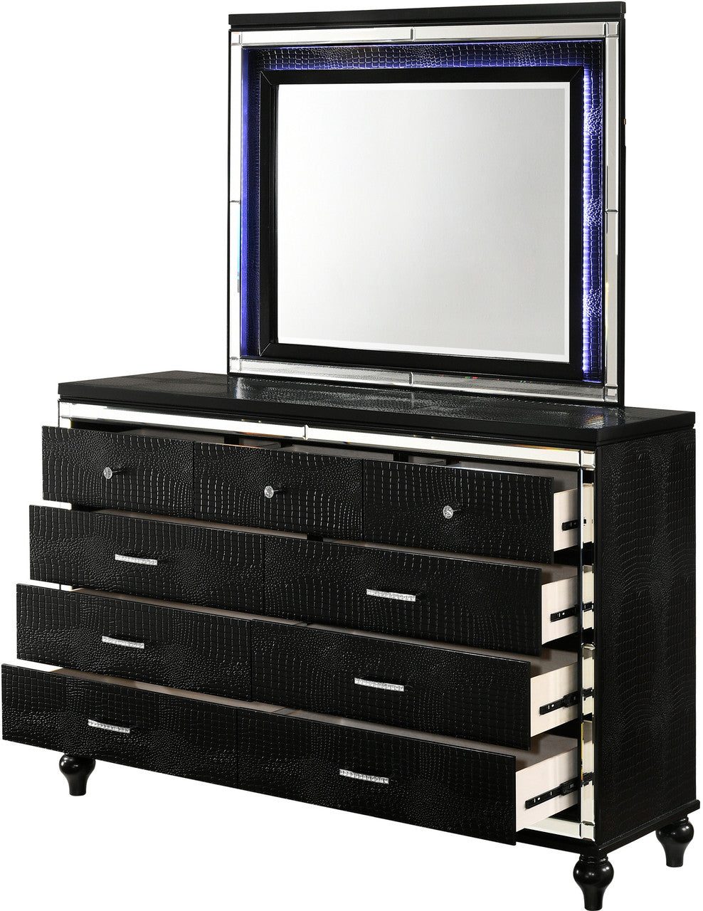 STRADA Black Alligator Texture 67" Wide Dresser & Mirror with LED's