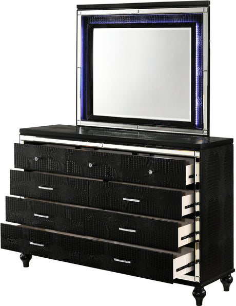 STRADA Black Alligator Texture 67" Wide Dresser & Mirror with LED's
