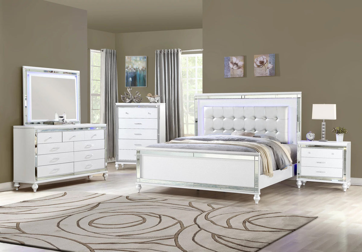 STRADA White Alligator Texture & Mirror Bed with LED's