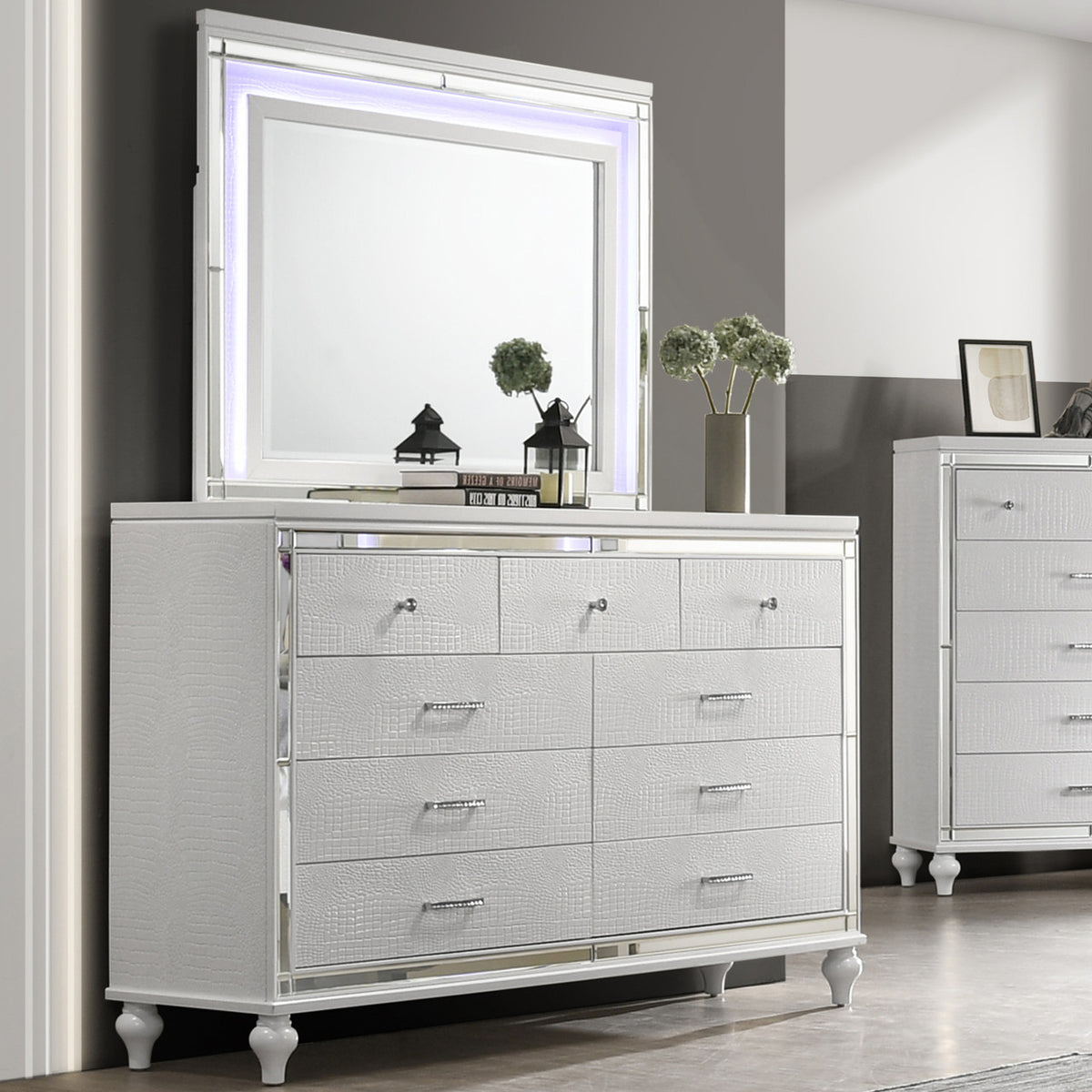 STRADA White Alligator Texture 67" Wide Dresser & Mirror