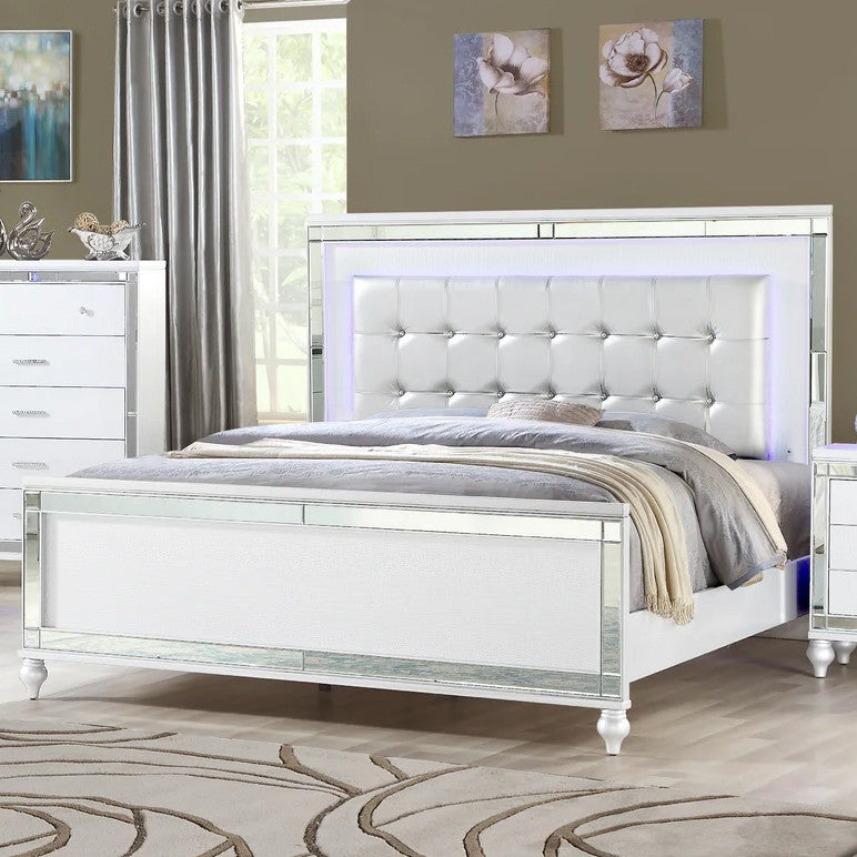 STRADA White Alligator Texture & Mirror Bed with LED's