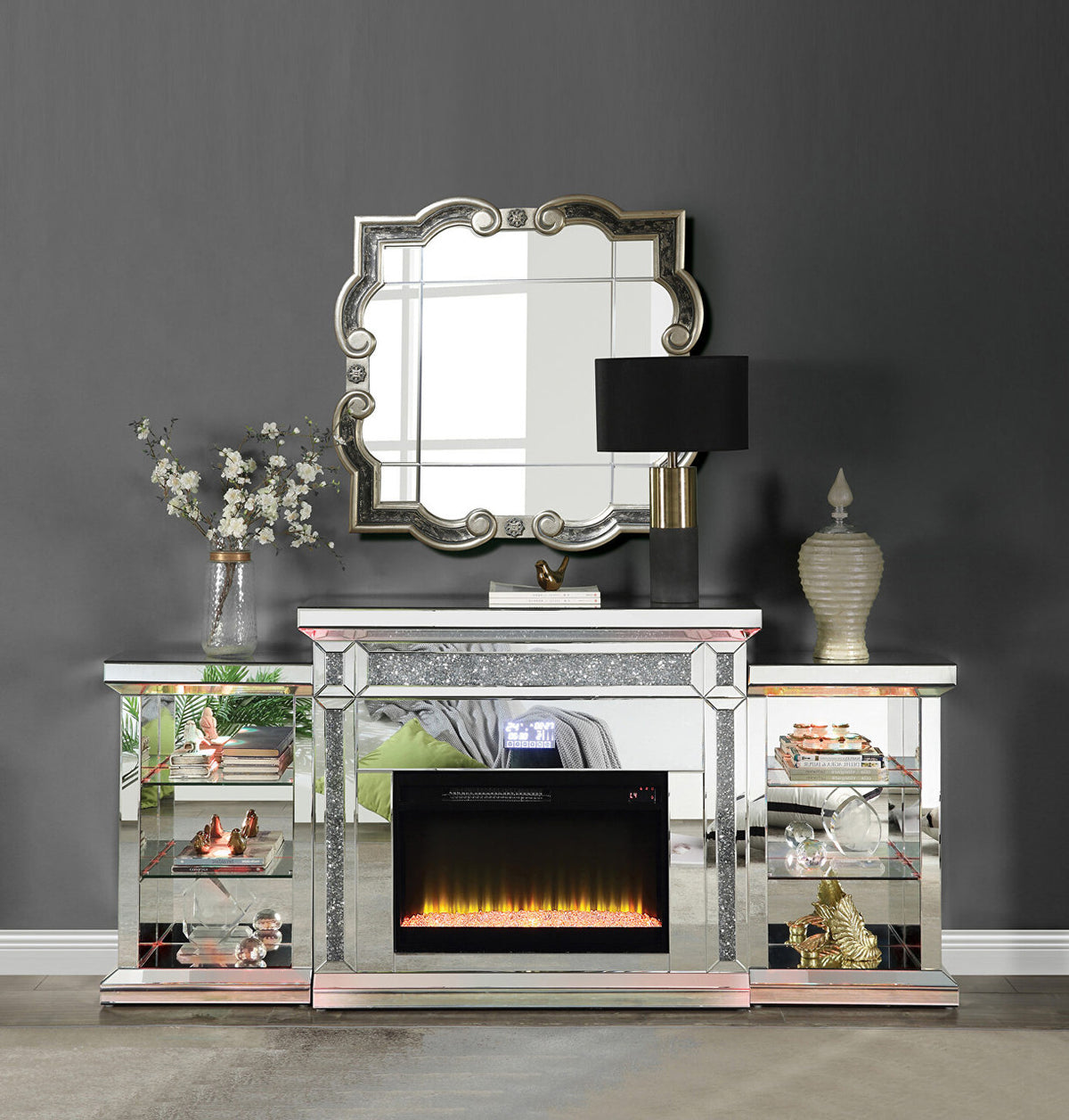 TAHITI Mirrored 82" Wide Fireplace with LED Lights & Bluetooth