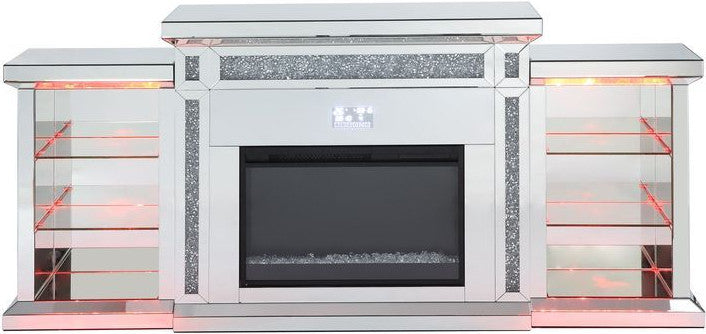 TAHITI Mirrored 82" Wide Fireplace with LED Lights & Bluetooth