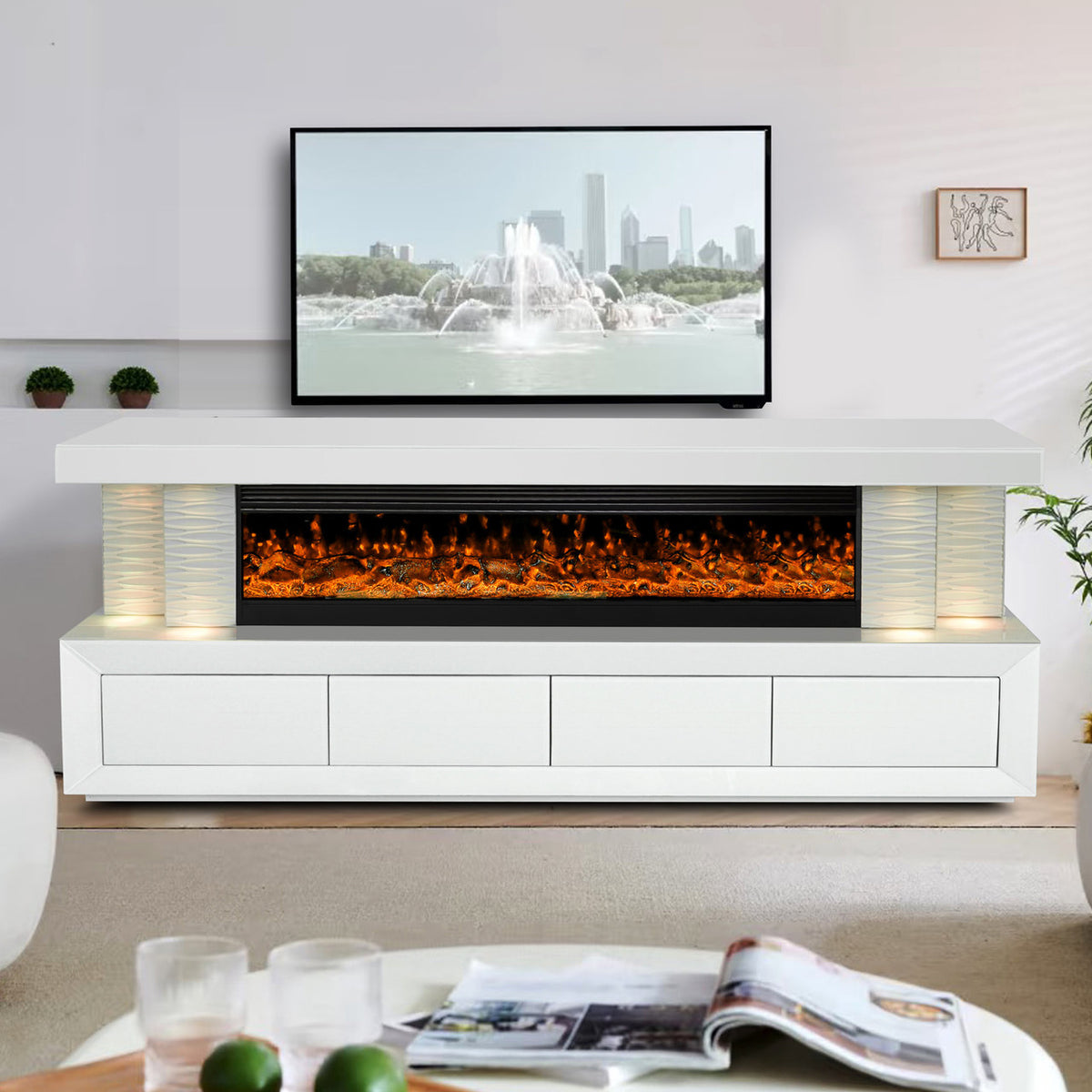 TERAMO White 71" Wide x 28" Height TV Stand with Fireplace & Bluetooth Speakers