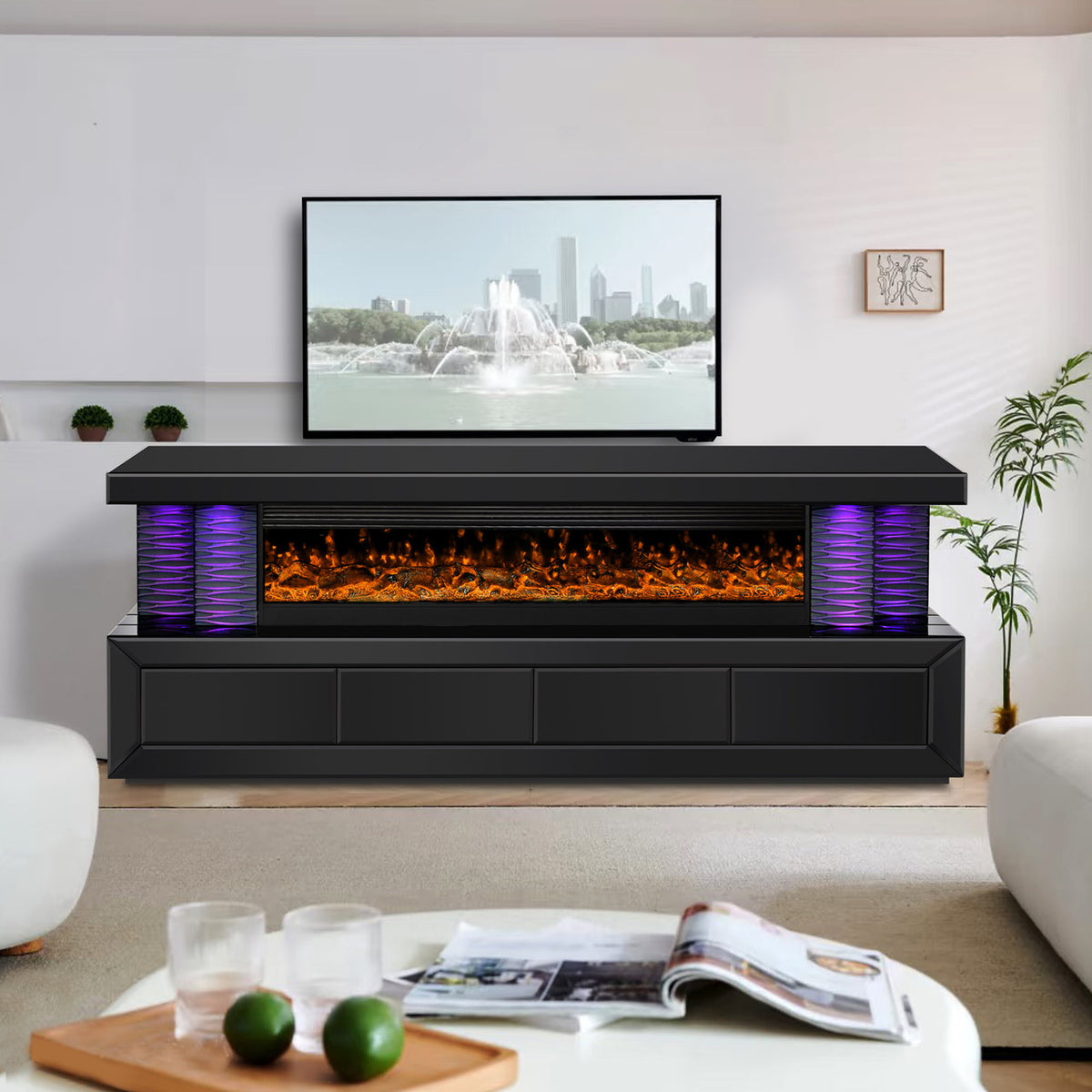 TERAMO Black 71" Wide x 28" Height TV Stand with Fireplace & Bluetooth Speakers