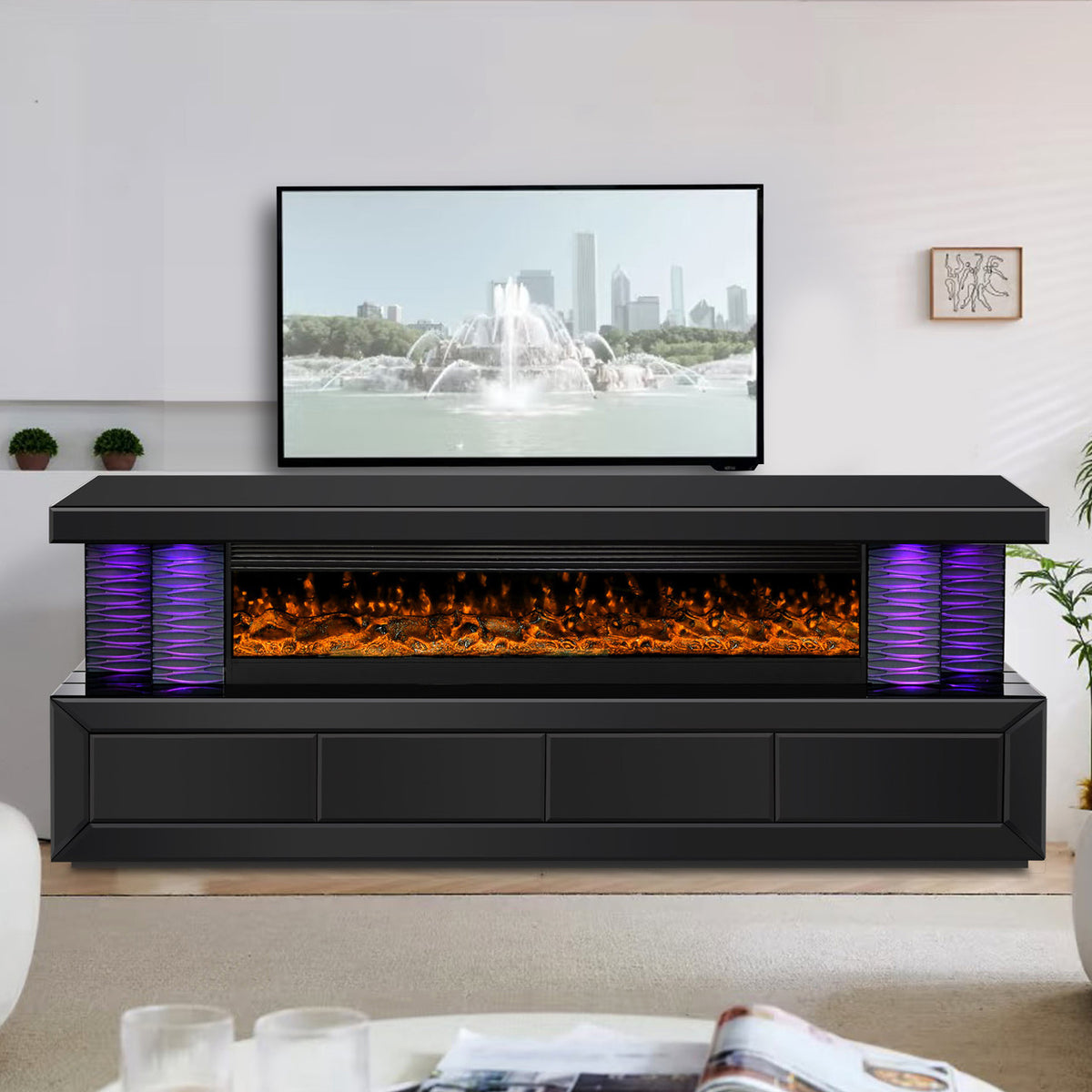TERAMO Black 71" Wide x 28" Height TV Stand with Fireplace & Bluetooth Speakers