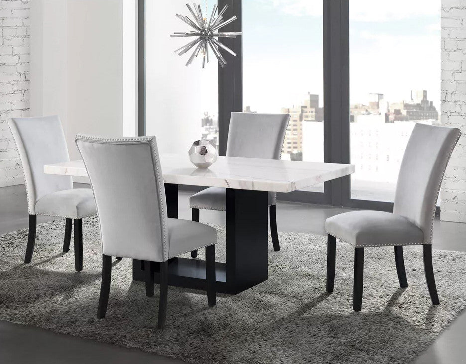 VALERY White Marble Table & Gray Velvet Chairs 5-Piece Dining Set