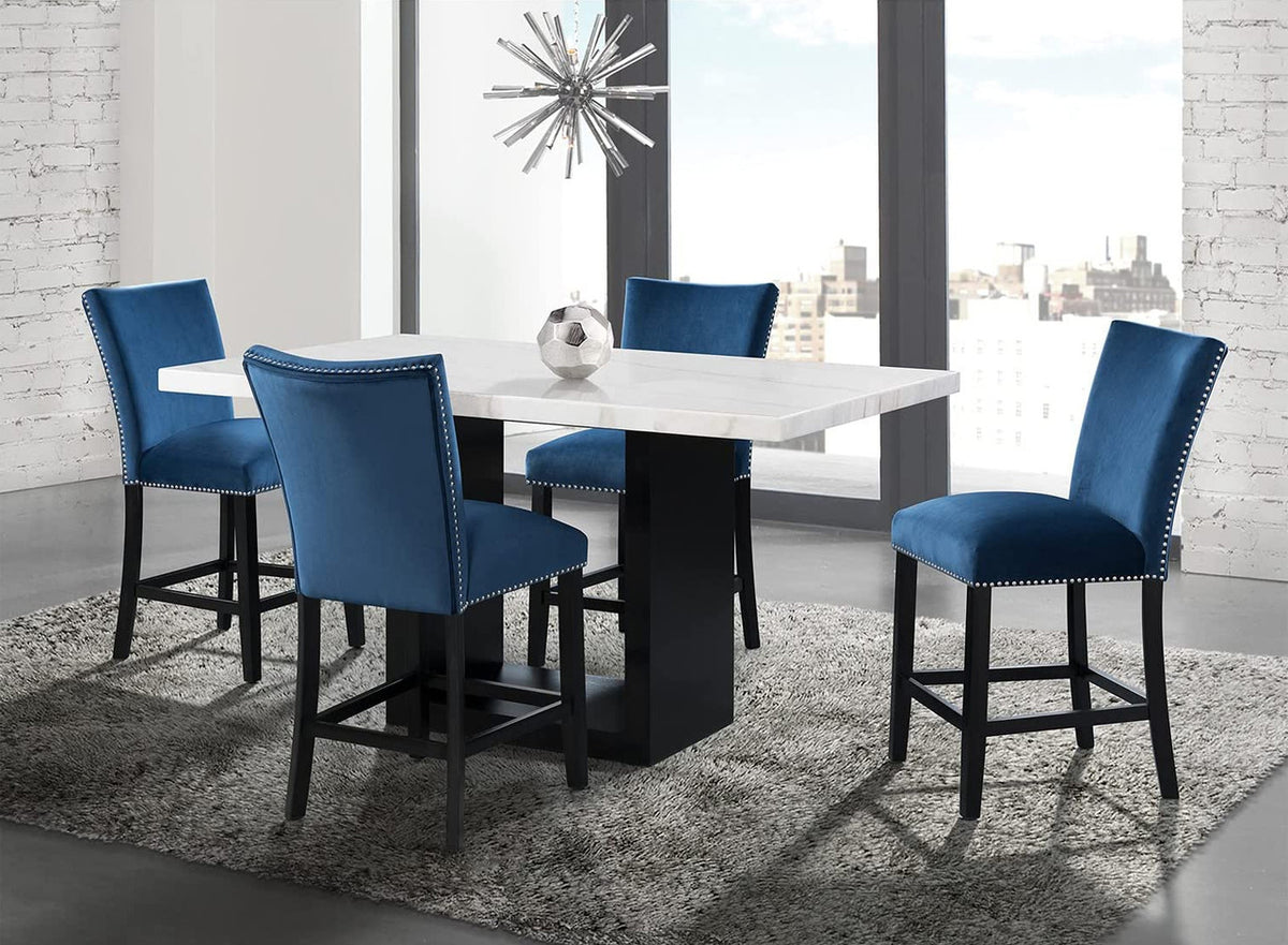 VALERY White Marble Table & Blue Velvet Chairs 5-Piece Counter Height Set