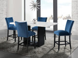 VALERY White Marble Table & Blue Velvet Chairs 5-Piece Counter Height Set