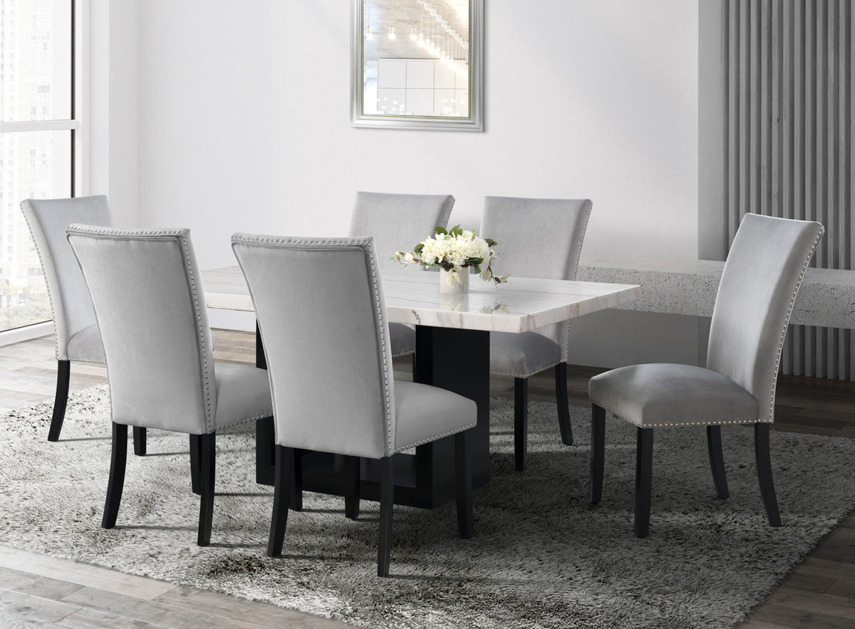 VALERY White Marble Table & Gray Velvet Chairs 7-Piece Dining Set