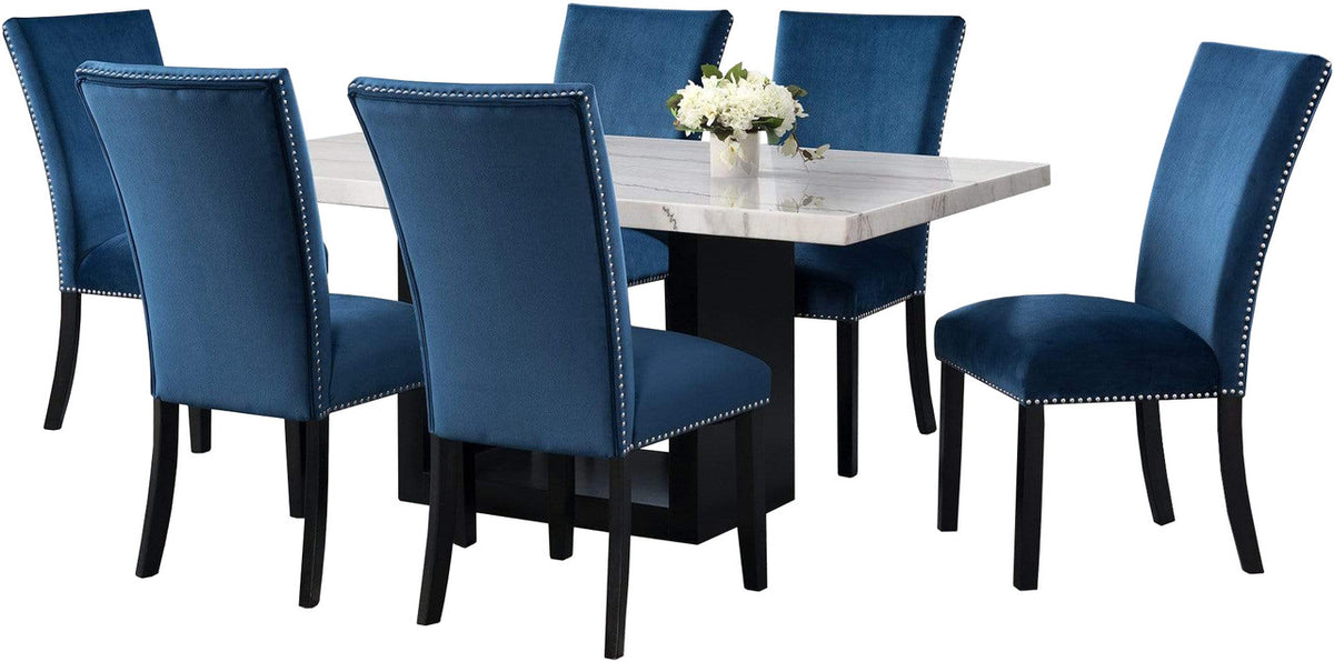 VALERY White Marble Table & Blue Velvet Chairs 7 Piece Dining Set
