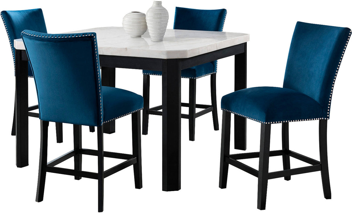 MARLENA White & Blue 5 Piece Squared Counter Height Set
