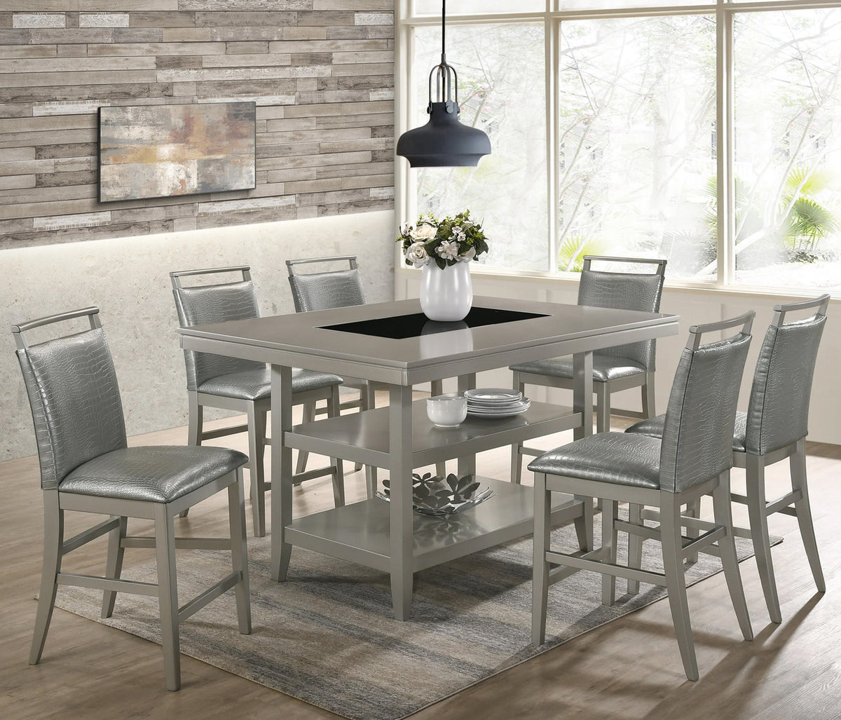 VEILAND Silver 7 Piece Rectangular Counter Height Set with Faux Crocodile Leather