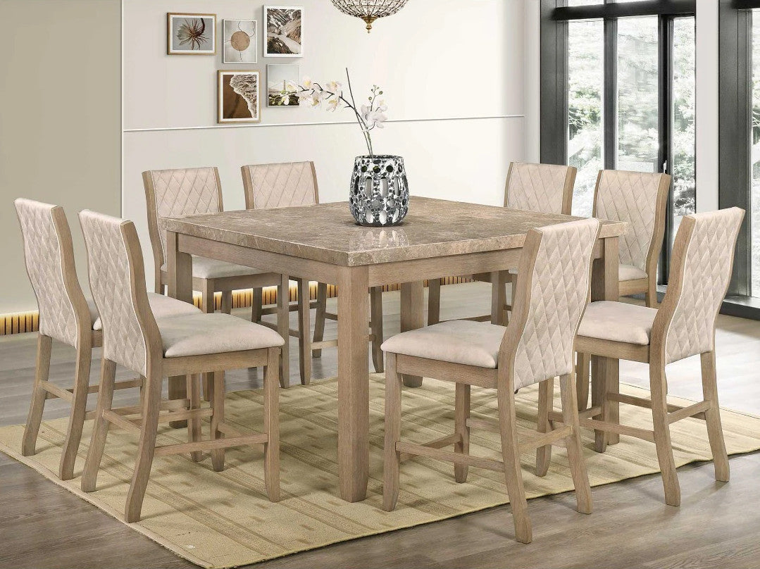 VELEME Beige Real Marble 9 Piece Counter Height Set with Suede Chairs