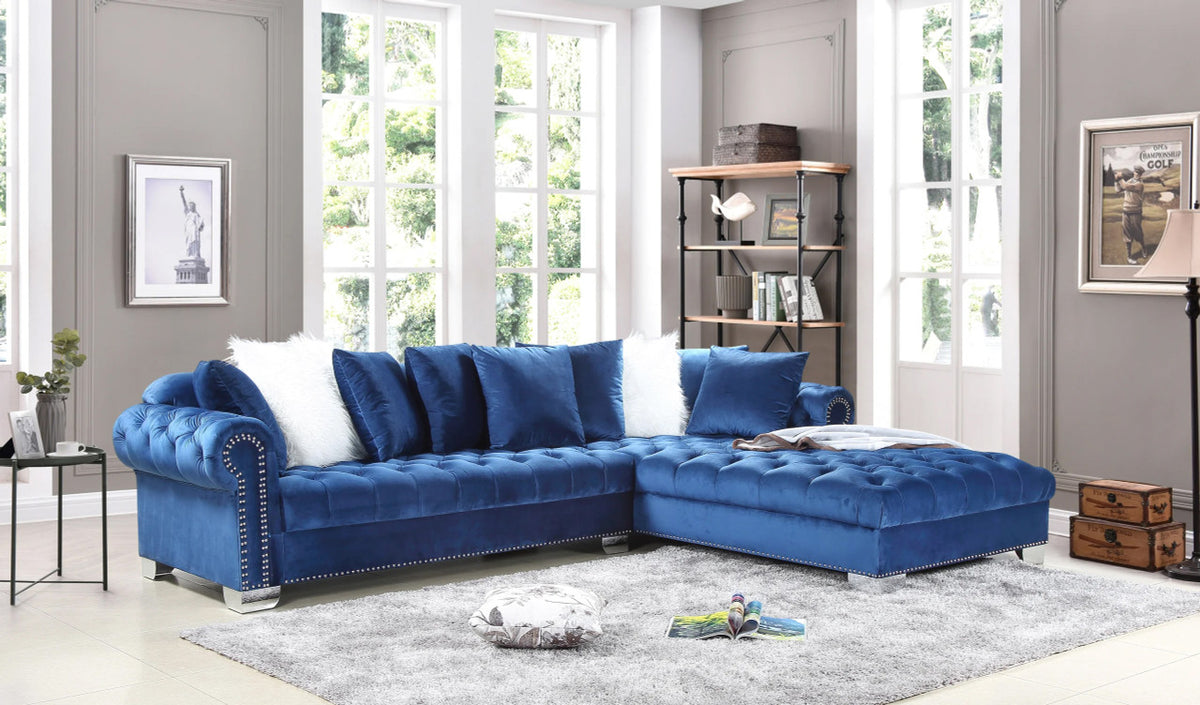 VELMA Blue Velvet 123" Wide Double Chaise Sectional