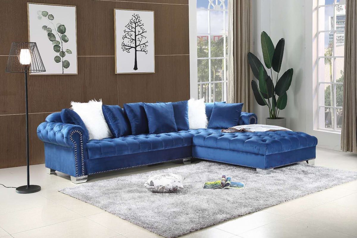 VELMA Blue Velvet 123" Wide Double Chaise Sectional