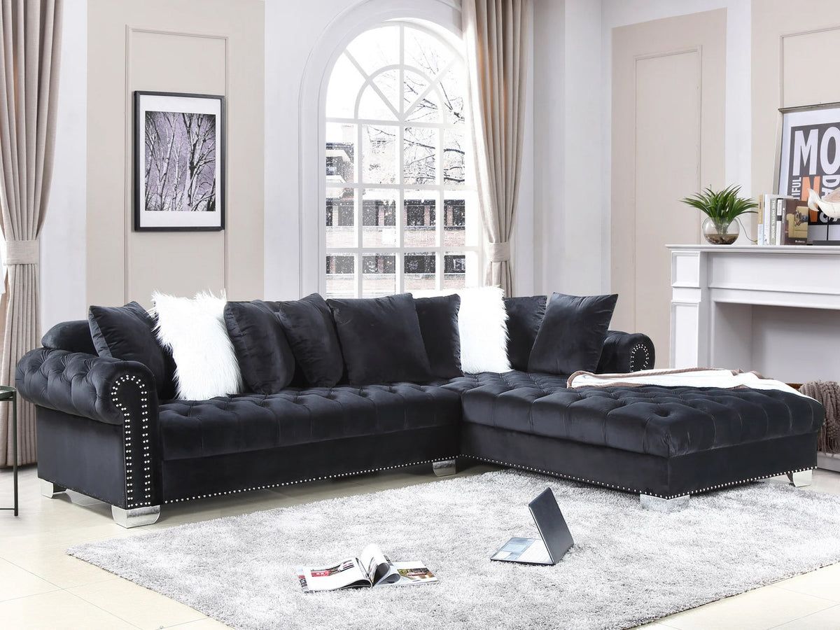 VELMA Black Velvet 123" Wide Double Chaise Sectional