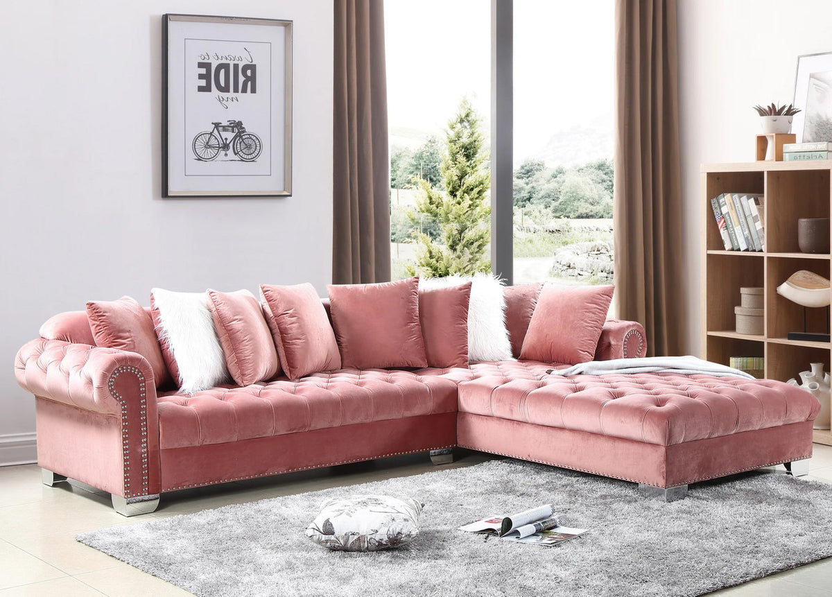 VELMA Pink Velvet 123" Wide Double Chaise Sectional
