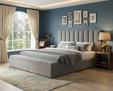 VEREMA Gray Velvet 61" Height Platform Bed with Storage Benches