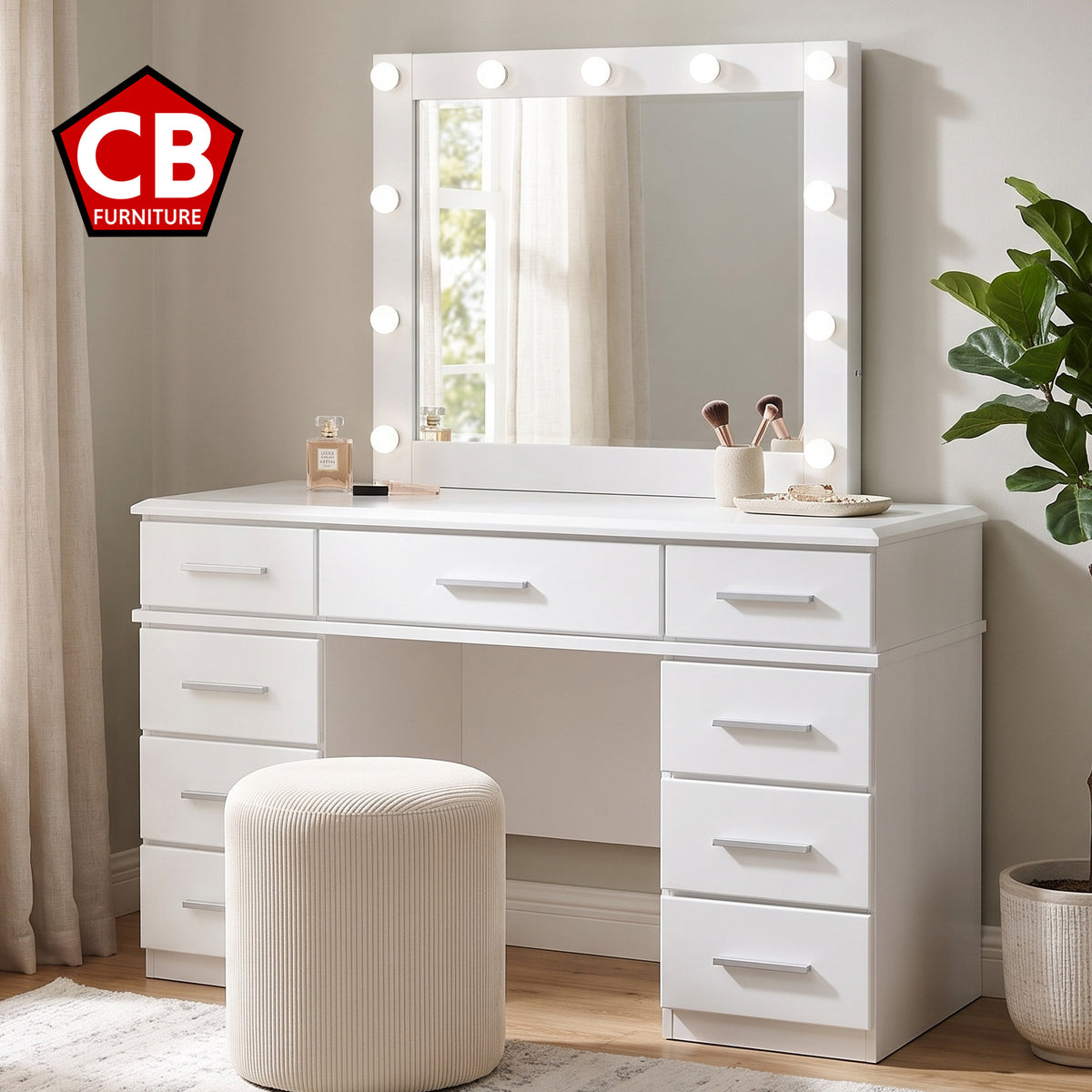 VERENA White 54" Wide Vanity Desk & Mirror