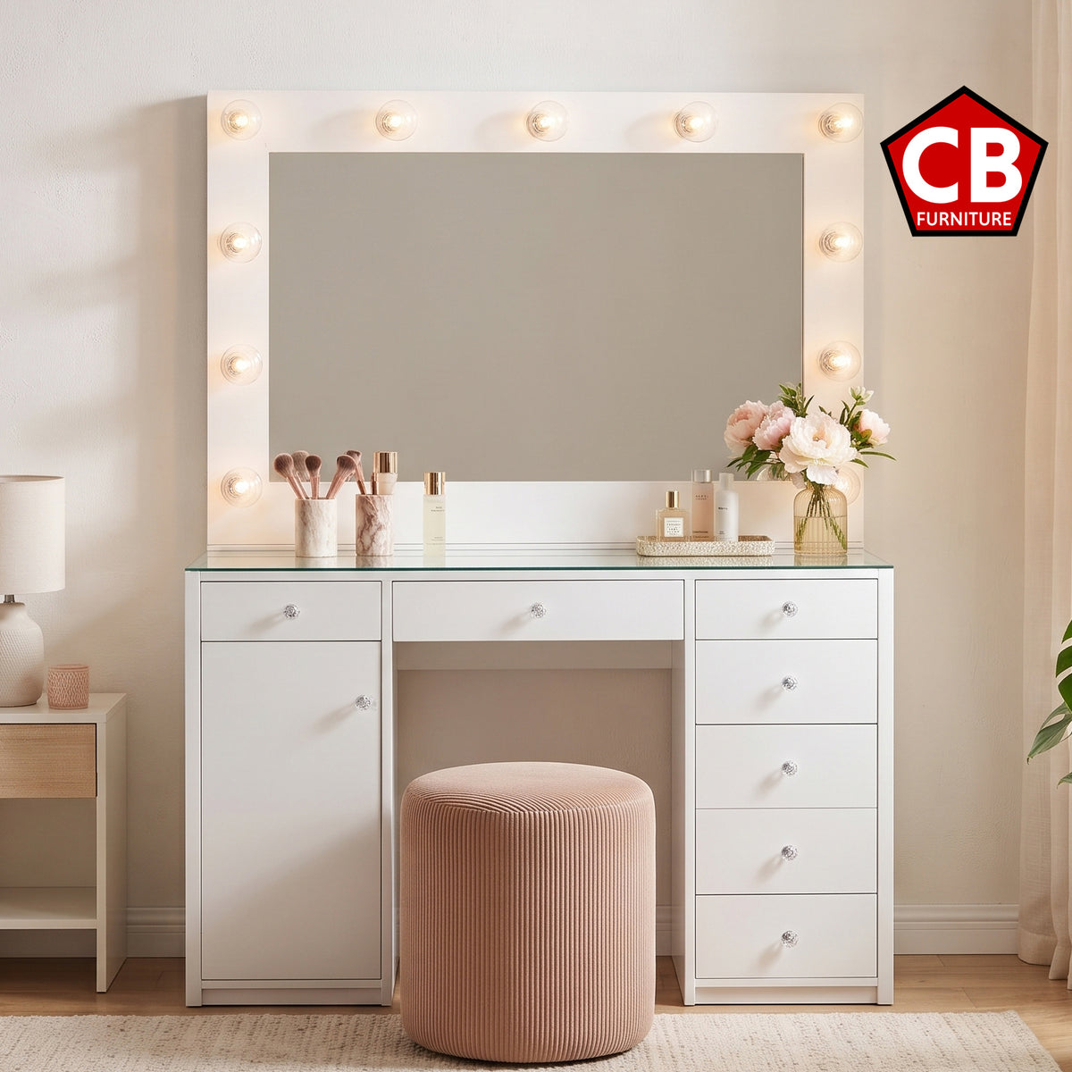 VICKIE White 47" Wide Vanity Desk and Mirror (RTA)