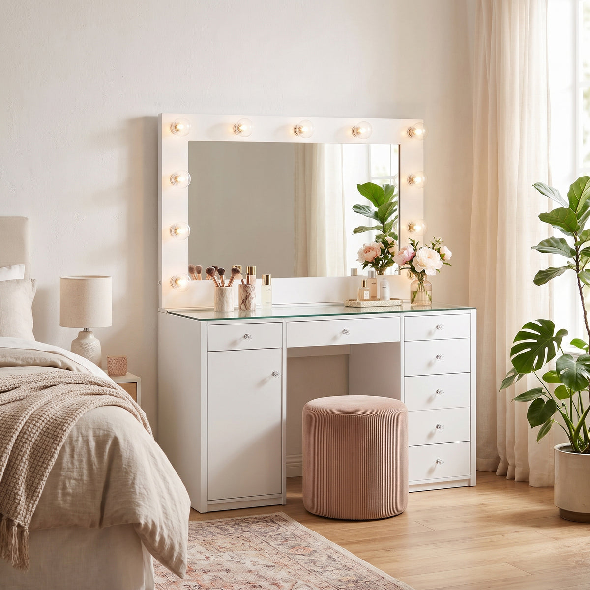 VICKIE White 47" Wide Vanity Desk and Mirror (RTA)