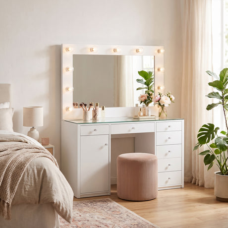 VICKIE White 47" Wide Vanity Desk and Mirror (RTA)