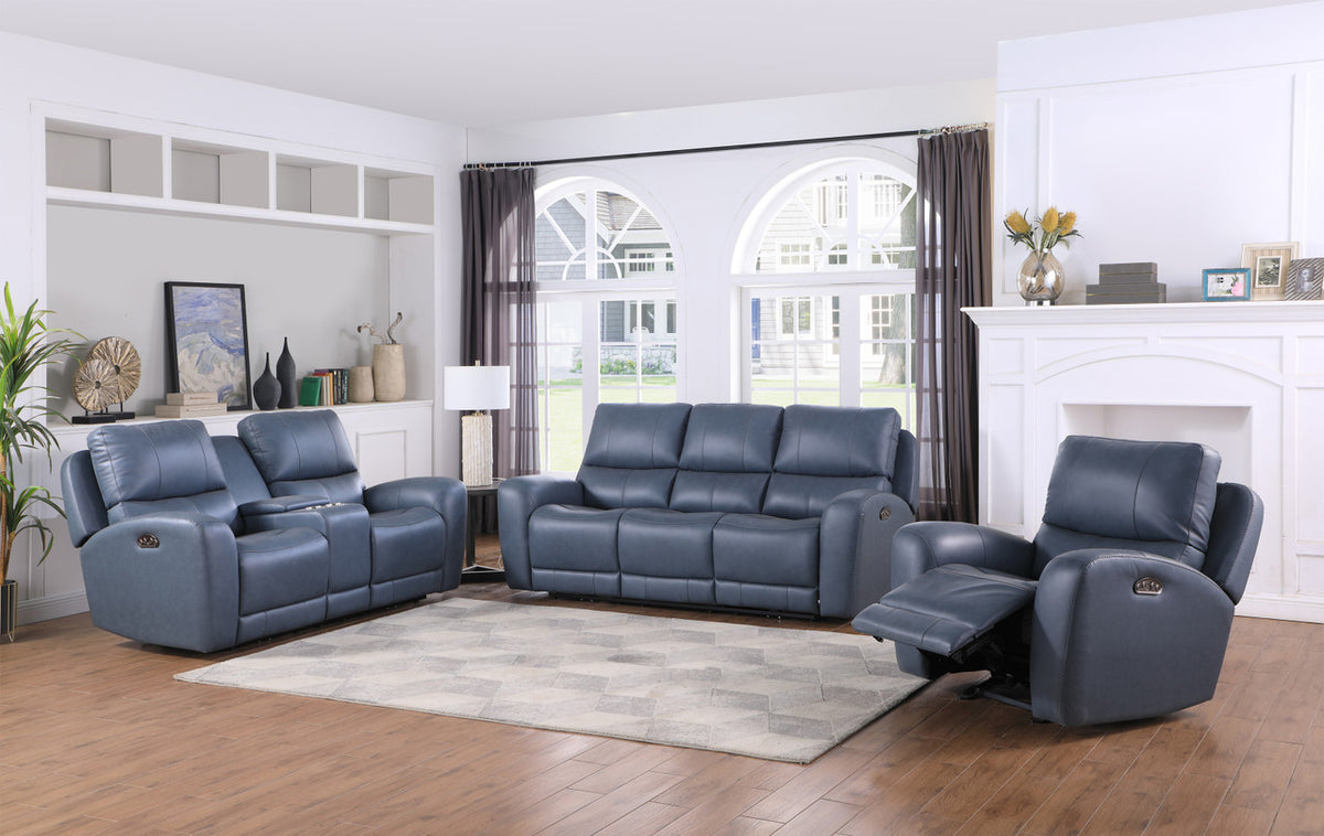 VINOVO Blue 100% Top-Grain Leather Power Reclining Livingroom with Adjustable Headrests