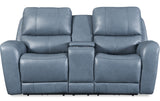 VINOVO Blue 100% Top-Grain Leather Power Reclining Livingroom with Adjustable Headrests