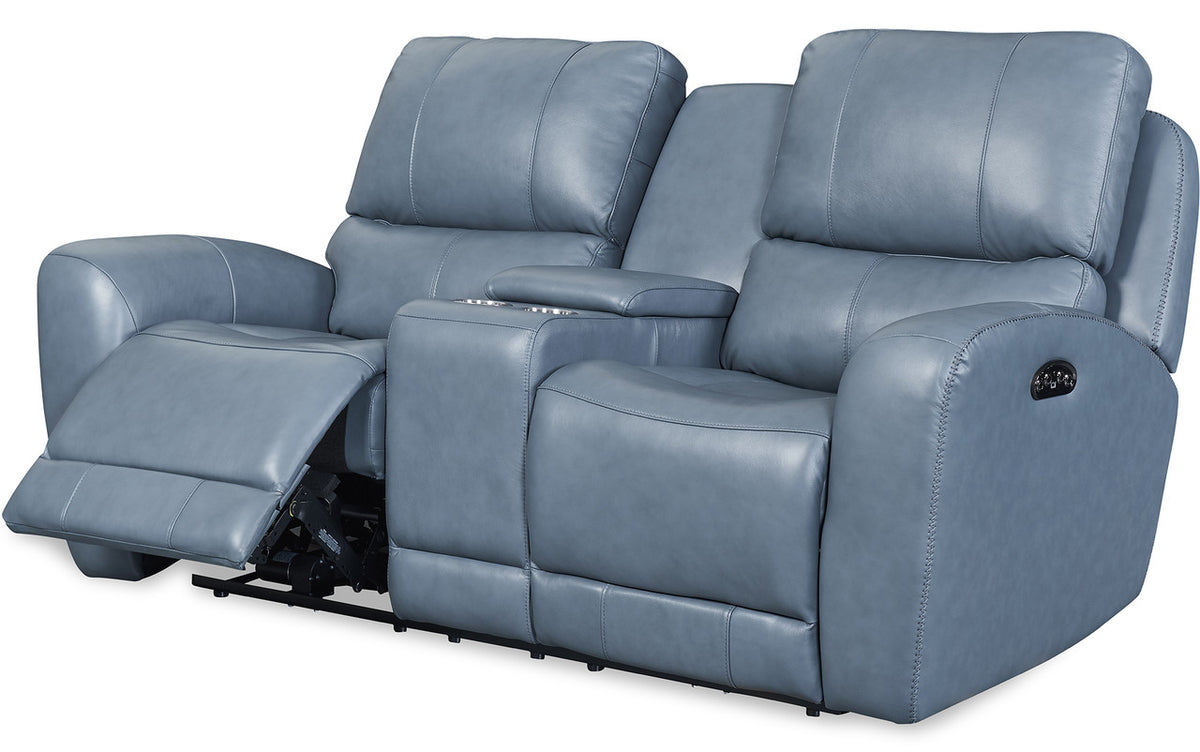 VINOVO Blue 100% Top-Grain Leather Power Reclining Livingroom with Adjustable Headrests