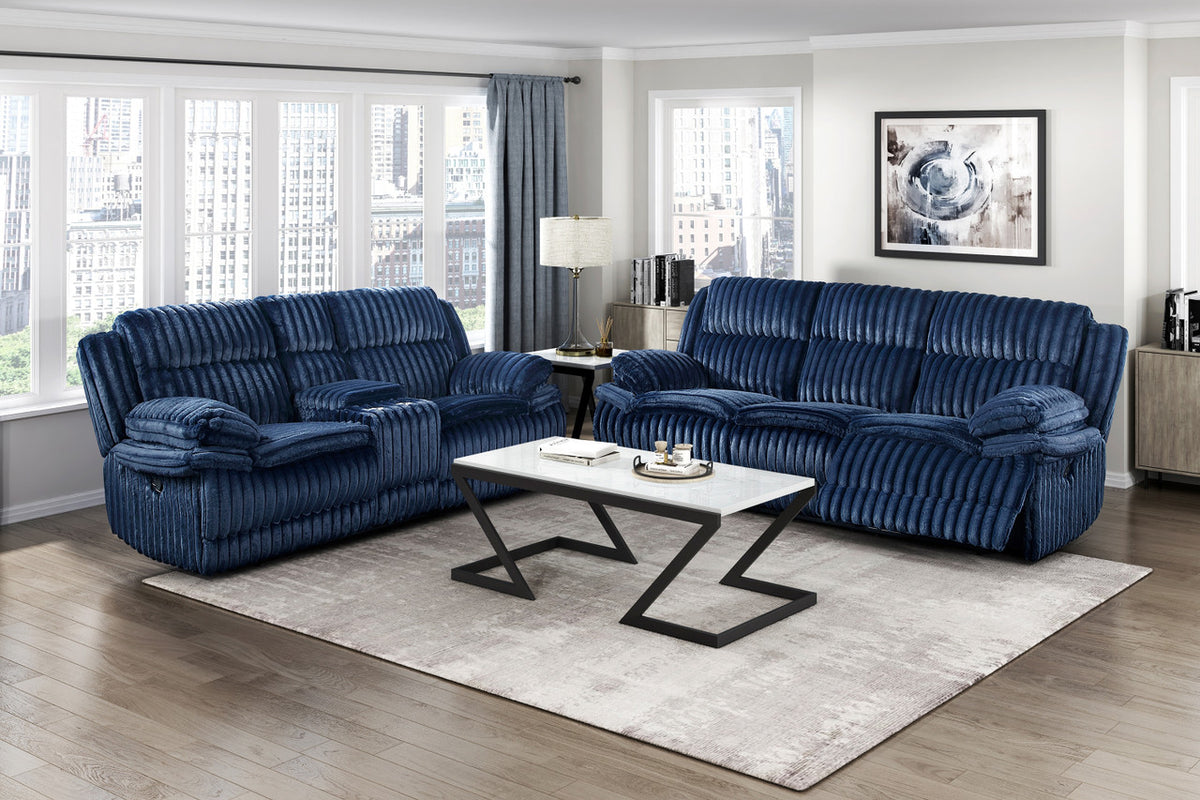 VINZE Blue Wide Corduroy Powered Reclining Sofa & Loveseat