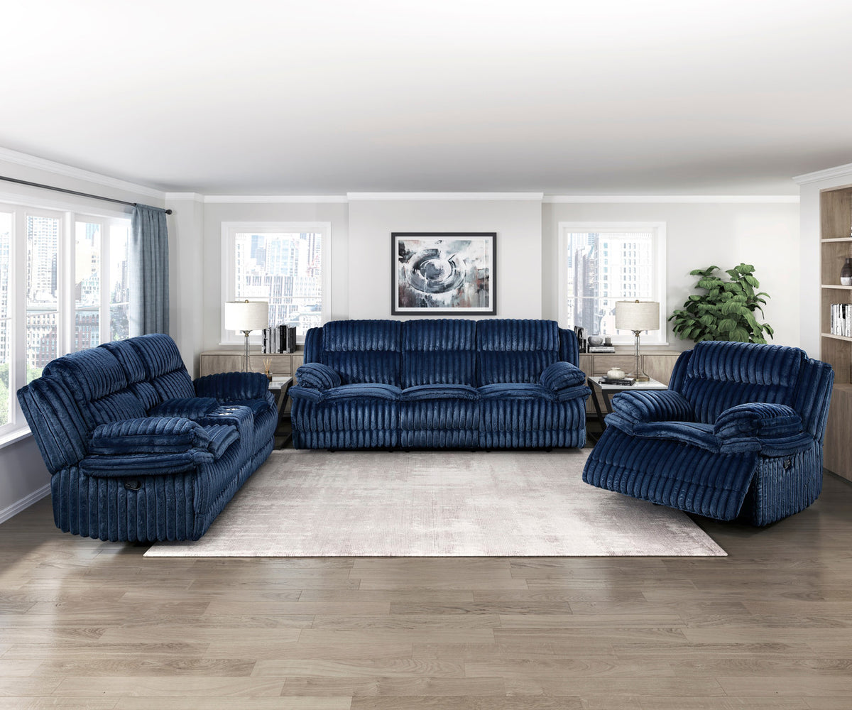 VINZE Blue Wide Corduroy Powered Reclining Sofa & Loveseat