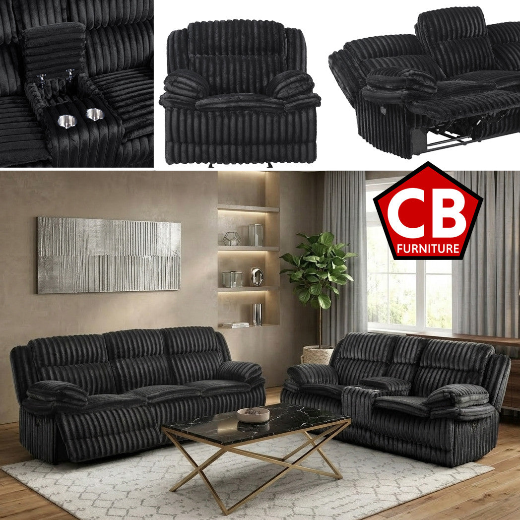 VINZE Black Wide Corduroy Powered Reclining Sofa & Loveseat