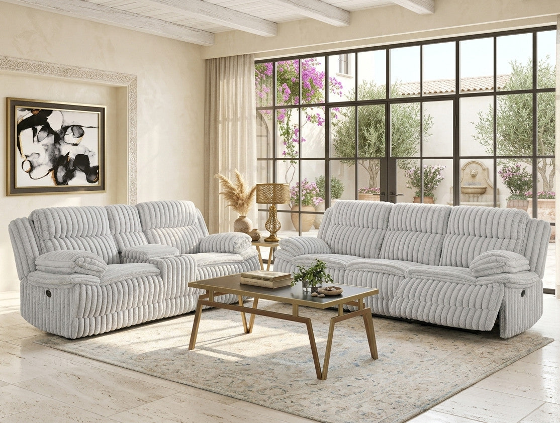 VINZE Alloy Gray Wide Corduroy Powered Reclining Sofa & Loveseat