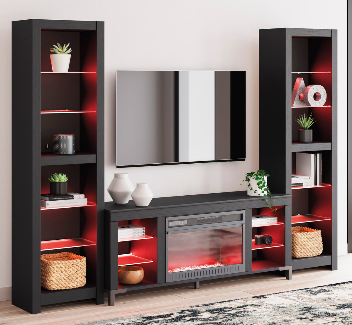 VONDALE Matte Black 102" Wide Wall Unit with Fireplace & LED's