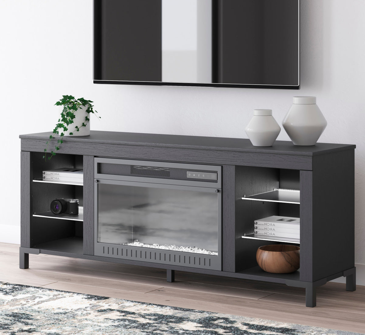 VONDALE Matte Black 60" Wide x 24" Height TV Stand with Fireplace & LED's