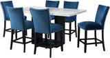 VALERY Real White Marble Table & Blue Velvet Chairs 7-Piece Counter Height Set