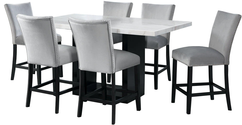VALERY White Marble Table & Gray Velvet Chairs 7-Piece Counter Height Set
