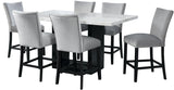 VALERY White Marble Table & Gray Velvet Chairs 7-Piece Counter Height Set