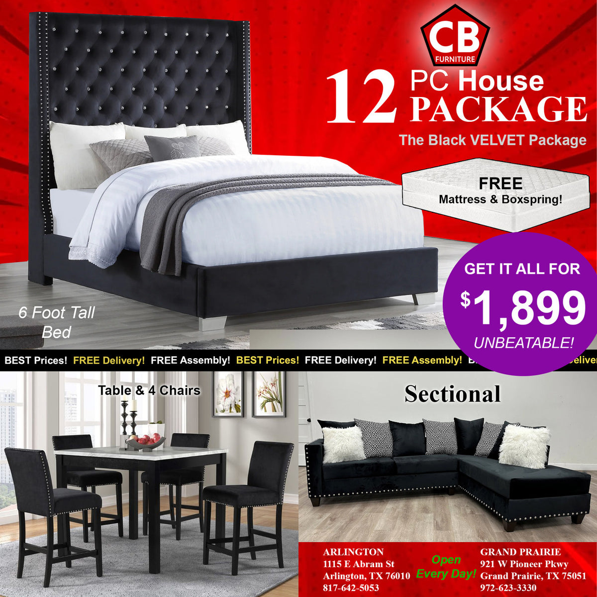 The Black Velvet 12 Piece Home Furniture Package