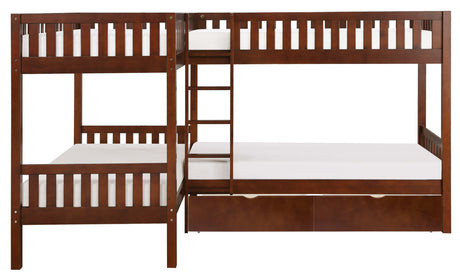 WILBUR Cherry 120" x 80" FOUR Bed Corner Bunk Bed with Drawers
