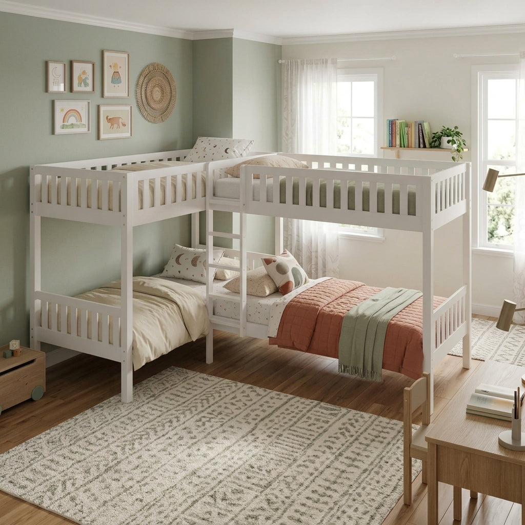 WILBUR White 120" x 80" FOUR Bed Corner Bunk Bed