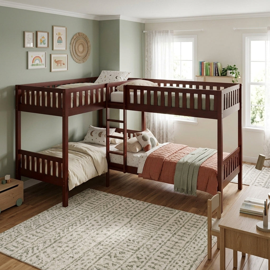 WILBUR Cherry 120" x 80" FOUR Bed Corner Bunk Bed