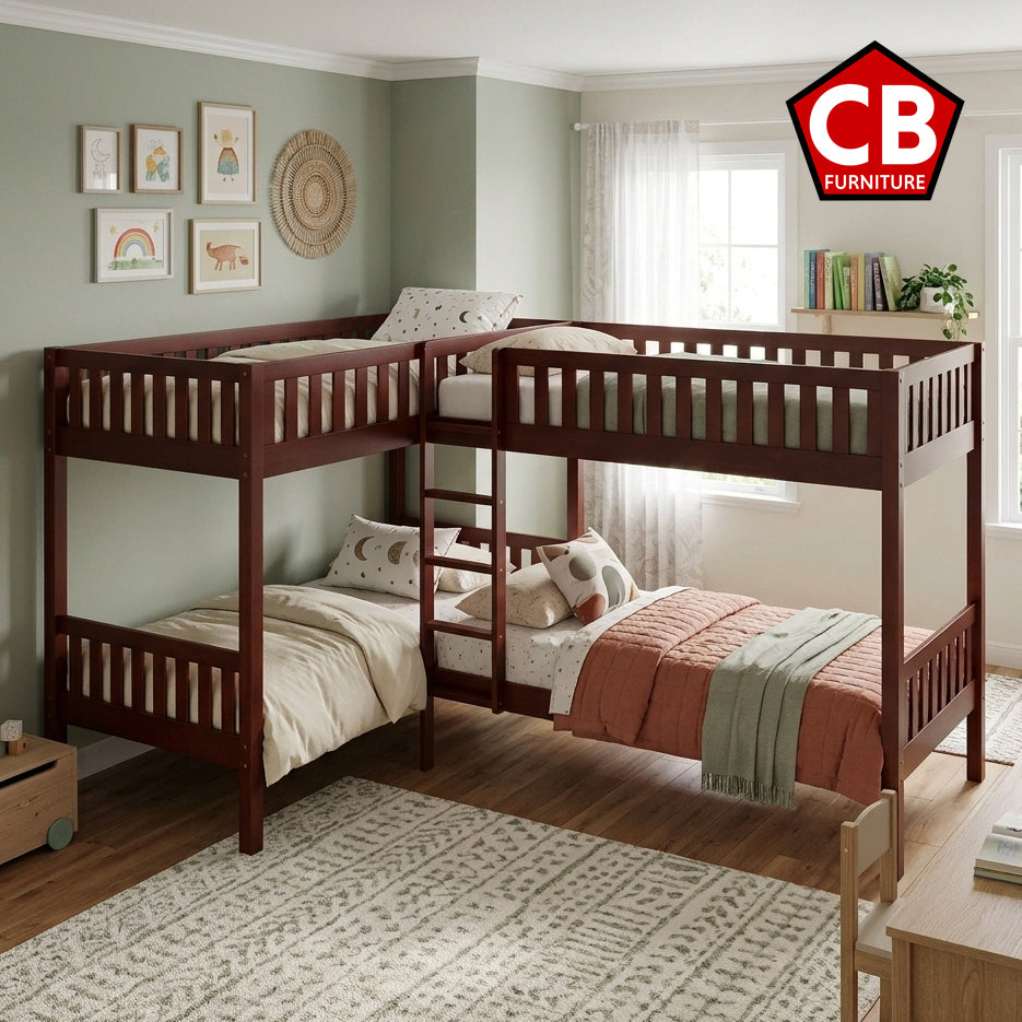 WILBUR Cherry 120" x 80" FOUR Bed Corner Bunk Bed