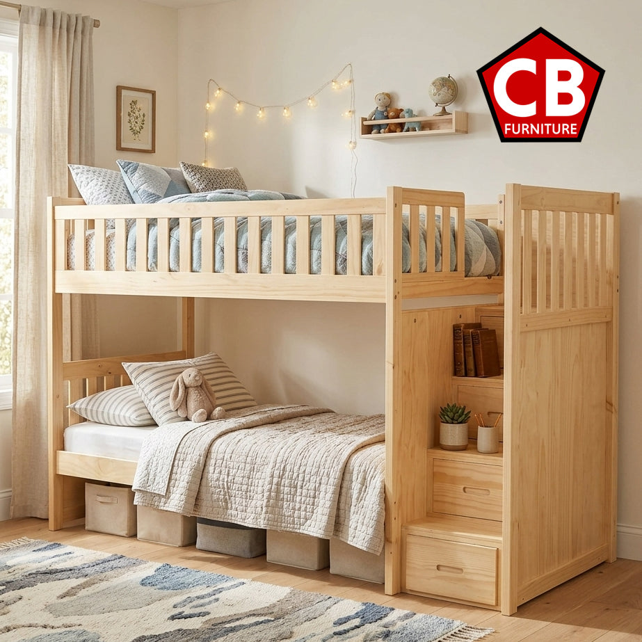 WILSON Natural Pine 97" Wide by 63" Height Twin Over Twin Stairway Bunkbed