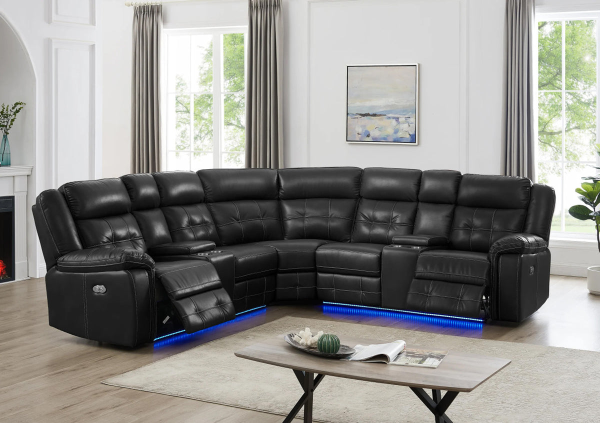 WINDCREST Black 115" Wide Power Reclining Sectional with LED's