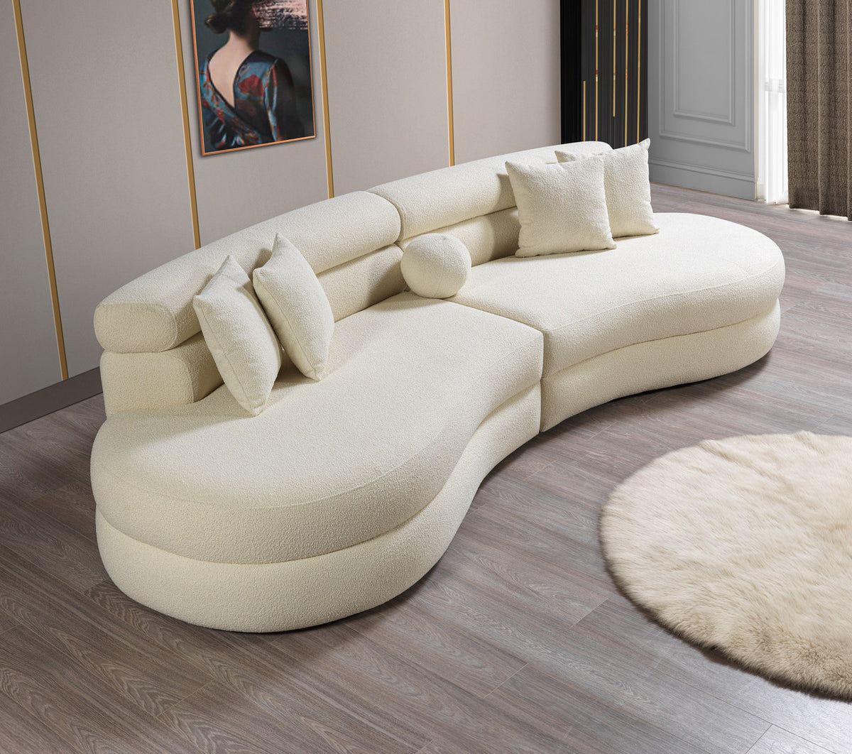 YENSA Ivory 130" Wide Boucle/Sherpa Rounded Sectional