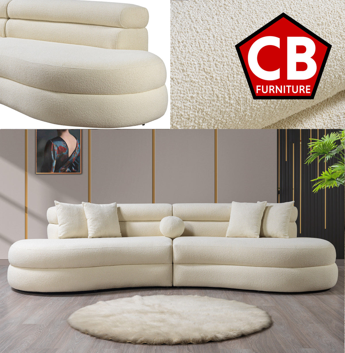 YENSA Ivory 130" Wide Boucle/Sherpa Rounded Sectional