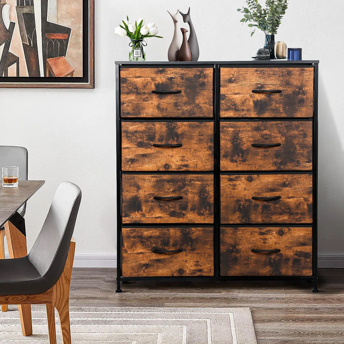 YESENIA Rustic Oak 35" Wide by 47" Tall 8-Drawer Dresser Chest (RTA)