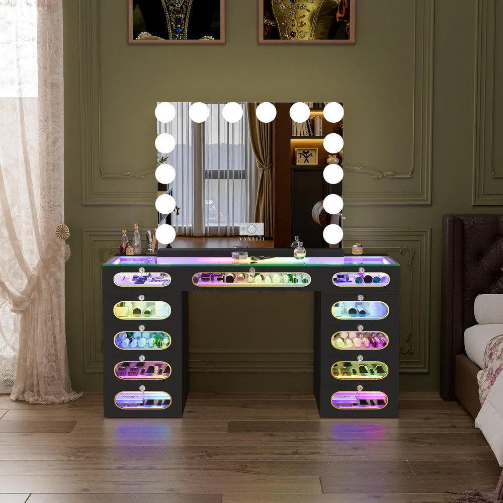 YULIZA RGB Plus Black 60" Wide Vanity Desk Set with 13 Storage Drawers and 15 Bulbs Light Mirror
